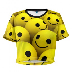 Женская футболка 3D укороченная с принтом Счастливые смайлики в Новосибирске, 100% полиэстер | круглая горловина, длина футболки до линии талии, рукава с отворотами | no problems | smile | без проблем | весёлый | довольный | оптимизм | позитив | позитивный | радость | смайлики | смех | счастливый | счастье | улыбаться | улыбка | хорошее настроение