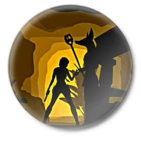 Значок с принтом Tomb Raider в Новосибирске,  металл | круглая форма, металлическая застежка в виде булавки | желтый | лара крофт | черный