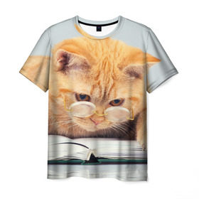 Мужская футболка 3D с принтом Кот ученый в Новосибирске, 100% полиэфир | прямой крой, круглый вырез горловины, длина до линии бедер | грустный | добрый | животное | киса | киска | кот | котенок | котэ | кошка | красивый | лапа | лапка | ласковый | милый | очки | прикольный | рыжий | смешной | унылый | усатый | шерсть