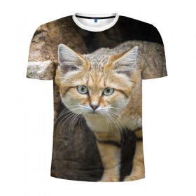 Мужская футболка 3D спортивная с принтом Песчаный кот в Новосибирске, 100% полиэстер с улучшенными характеристиками | приталенный силуэт, круглая горловина, широкие плечи, сужается к линии бедра | грустный | добрый | животное | киса | киска кися | кот | котенок | котэ | кошка | красивый | лапа | лапка | ласковый | милый | моська | мурлыка | прикольный | смешной | унылый | усатый | шерсть