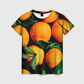 Женская футболка 3D с принтом Мандаринчики в Новосибирске, 100% полиэфир ( синтетическое хлопкоподобное полотно) | прямой крой, круглый вырез горловины, длина до линии бедер | зелень | оранжевый | цитрус | яркий