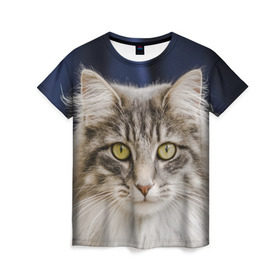 Женская футболка 3D с принтом Серый кот в Новосибирске, 100% полиэфир ( синтетическое хлопкоподобное полотно) | прямой крой, круглый вырез горловины, длина до линии бедер | грустный | добрый | животное | киса | киска кися | кот | котенок | котэ | кошка | красивый | лапа | лапка | ласковый | милый | моська | мурлыка | прикольный | смешной | унылый | усатый | шерсть