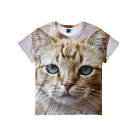 Детская футболка 3D с принтом Рыжий кот, зеленые глаза в Новосибирске, 100% гипоаллергенный полиэфир | прямой крой, круглый вырез горловины, длина до линии бедер, чуть спущенное плечо, ткань немного тянется | грустный | добрый | животное | киса | киска кися | кот | котенок | котэ | кошка | красивый | лапа | лапка | ласковый | милый | моська | мурлыка | прикольный | смешной | унылый | усатый | шерсть
