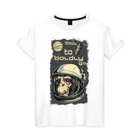 Женская футболка хлопок с принтом Обезьяна космонавт в Новосибирске, 100% хлопок | прямой крой, круглый вырез горловины, длина до линии бедер, слегка спущенное плечо | Тематика изображения на принте: космонавт | космос | обезьяна | шимпанзе