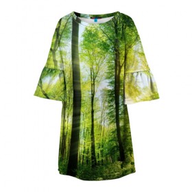 Детское платье 3D с принтом Солнечный лес в Новосибирске, 100% полиэстер | прямой силуэт, чуть расширенный к низу. Круглая горловина, на рукавах — воланы | деревья | зелень | лес | лето | лучи солнца | солнце | тайга