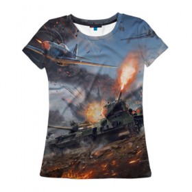 Женская футболка 3D с принтом Отечественная война в Новосибирске, 100% полиэфир ( синтетическое хлопкоподобное полотно) | прямой крой, круглый вырез горловины, длина до линии бедер | 9 мая | день победы | на берлин | отечественная война | россия | самолет | спасибо деду за победу | ссср | танк | танковые войска