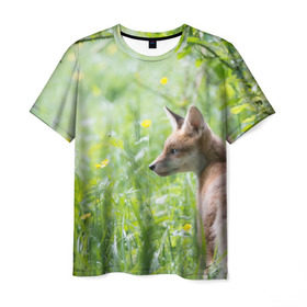 Мужская футболка 3D с принтом Лисенок в Новосибирске, 100% полиэфир | прямой крой, круглый вырез горловины, длина до линии бедер | Тематика изображения на принте: fox | животное | зверь | красивая | лес | лис | лиса | лисенок | лисица | лисичка | природа | рыжая | рыжий цвет | хвост | хитрая | хищник