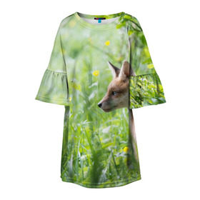 Детское платье 3D с принтом Лисенок в Новосибирске, 100% полиэстер | прямой силуэт, чуть расширенный к низу. Круглая горловина, на рукавах — воланы | fox | животное | зверь | красивая | лес | лис | лиса | лисенок | лисица | лисичка | природа | рыжая | рыжий цвет | хвост | хитрая | хищник