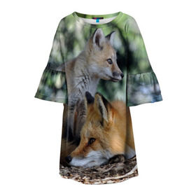 Детское платье 3D с принтом Лиса и лесенок в Новосибирске, 100% полиэстер | прямой силуэт, чуть расширенный к низу. Круглая горловина, на рукавах — воланы | fox | животное | зверь | красивая | лес | лис | лиса | лисенок | лисица | лисичка | мех | патрикеевна | песец | плутовка | прикольная | природа | рыжая | рыжий цвет | сказка | хвост | хитрая | хищник