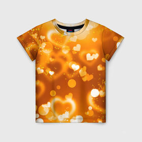 Детская футболка 3D с принтом Сердечки в золоте в Новосибирске, 100% гипоаллергенный полиэфир | прямой крой, круглый вырез горловины, длина до линии бедер, чуть спущенное плечо, ткань немного тянется | Тематика изображения на принте: желтый | золотое | сердечки | яркий
