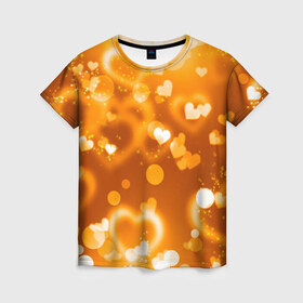 Женская футболка 3D с принтом Сердечки в золоте в Новосибирске, 100% полиэфир ( синтетическое хлопкоподобное полотно) | прямой крой, круглый вырез горловины, длина до линии бедер | Тематика изображения на принте: желтый | золотое | сердечки | яркий