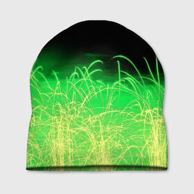 Шапка 3D с принтом Зеленые искры в Новосибирске, 100% полиэстер | универсальный размер, печать по всей поверхности изделия | 3d | абстракция | брызги | зеленый | искры | линии | полосы | прикольные | салют | свет | узоры | яркие
