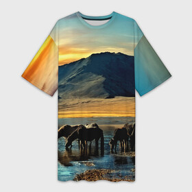 Платье-футболка 3D с принтом Лошади в Новосибирске,  |  | 3d | берег | вода | горы | животное | закат | лошади | небо | прикольные | природа | река | солнце | яркие