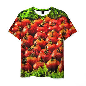 Мужская футболка 3D с принтом Томатик в Новосибирске, 100% полиэфир | прямой крой, круглый вырез горловины, длина до линии бедер | 3d | еда | зелень | красный | лето | много | овощи | пища | помидор | прикольные | томат | яркие