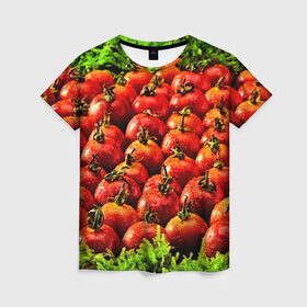 Женская футболка 3D с принтом Томатик в Новосибирске, 100% полиэфир ( синтетическое хлопкоподобное полотно) | прямой крой, круглый вырез горловины, длина до линии бедер | 3d | еда | зелень | красный | лето | много | овощи | пища | помидор | прикольные | томат | яркие