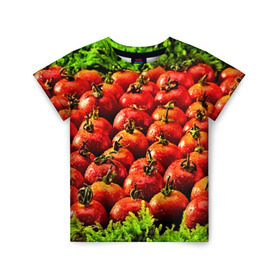 Детская футболка 3D с принтом Томатик в Новосибирске, 100% гипоаллергенный полиэфир | прямой крой, круглый вырез горловины, длина до линии бедер, чуть спущенное плечо, ткань немного тянется | 3d | еда | зелень | красный | лето | много | овощи | пища | помидор | прикольные | томат | яркие