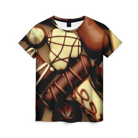 Женская футболка 3D с принтом Сладкие конфетки в Новосибирске, 100% полиэфир ( синтетическое хлопкоподобное полотно) | прямой крой, круглый вырез горловины, длина до линии бедер | 3d | десерт | еда | конфеты | много | пища | разные | сладкое | темный | фигуры | фон | форма | шоколад | яркие