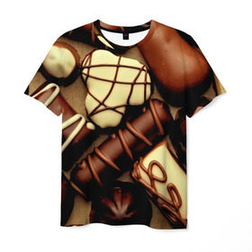 Мужская футболка 3D с принтом Сладкие конфетки в Новосибирске, 100% полиэфир | прямой крой, круглый вырез горловины, длина до линии бедер | 3d | десерт | еда | конфеты | много | пища | разные | сладкое | темный | фигуры | фон | форма | шоколад | яркие