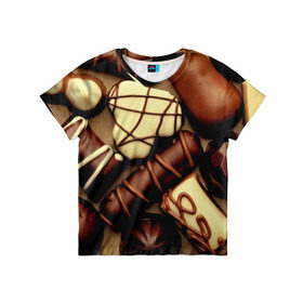 Детская футболка 3D с принтом Сладкие конфетки в Новосибирске, 100% гипоаллергенный полиэфир | прямой крой, круглый вырез горловины, длина до линии бедер, чуть спущенное плечо, ткань немного тянется | 3d | десерт | еда | конфеты | много | пища | разные | сладкое | темный | фигуры | фон | форма | шоколад | яркие