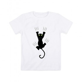 Детская футболка хлопок с принтом Кошка карабкается в Новосибирске, 100% хлопок | круглый вырез горловины, полуприлегающий силуэт, длина до линии бедер | cat | арт | домашний питомец | когти | кот | кошка | прикольные | царапины