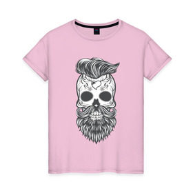 Женская футболка хлопок с принтом Бородатый череп в Новосибирске, 100% хлопок | прямой крой, круглый вырез горловины, длина до линии бедер, слегка спущенное плечо | арт | борода | мертвец | прикольные | скелет | усы | череп