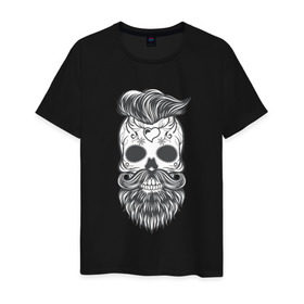 Мужская футболка хлопок с принтом Бородатый череп в Новосибирске, 100% хлопок | прямой крой, круглый вырез горловины, длина до линии бедер, слегка спущенное плечо. | арт | борода | мертвец | прикольные | скелет | усы | череп
