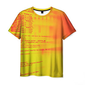 Мужская футболка 3D с принтом Компьютерный код в Новосибирске, 100% полиэфир | прямой крой, круглый вырез горловины, длина до линии бедер | желтый | кибер | код | оранжевый | прога