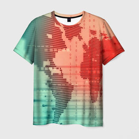 Мужская футболка 3D с принтом Цифровой мир в Новосибирске, 100% полиэфир | прямой крой, круглый вырез горловины, длина до линии бедер | Тематика изображения на принте: зеленый | карта | кибер | красный