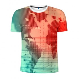 Мужская футболка 3D спортивная с принтом Цифровой мир в Новосибирске, 100% полиэстер с улучшенными характеристиками | приталенный силуэт, круглая горловина, широкие плечи, сужается к линии бедра | Тематика изображения на принте: зеленый | карта | кибер | красный