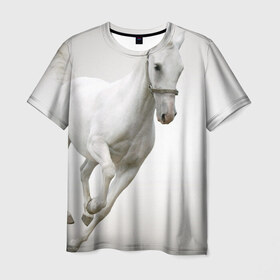 Мужская футболка 3D с принтом Белый конь в Новосибирске, 100% полиэфир | прямой крой, круглый вырез горловины, длина до линии бедер |  скачет | вожжи | голоп | грация | езда | есаул | жеребец | животное | кобыла | кобылица | конь | копыта | копыто | лошадь | пегас | пони | рысак | сбруя | скакун | скачка | стойло | троя