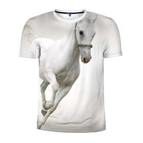 Мужская футболка 3D спортивная с принтом Белый конь в Новосибирске, 100% полиэстер с улучшенными характеристиками | приталенный силуэт, круглая горловина, широкие плечи, сужается к линии бедра |  скачет | вожжи | голоп | грация | езда | есаул | жеребец | животное | кобыла | кобылица | конь | копыта | копыто | лошадь | пегас | пони | рысак | сбруя | скакун | скачка | стойло | троя