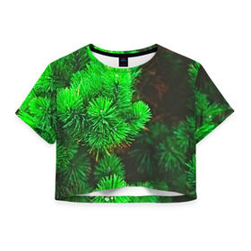 Женская футболка 3D укороченная с принтом Зелёная ель в Новосибирске, 100% полиэстер | круглая горловина, длина футболки до линии талии, рукава с отворотами | Тематика изображения на принте: 3d | ёлка | ель | зелёный | лес | новый год | праздник | природа | текстура | фон