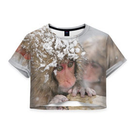 Женская футболка 3D укороченная с принтом Обезьянка и зима в Новосибирске, 100% полиэстер | круглая горловина, длина футболки до линии талии, рукава с отворотами | бабуин | гамадрил | гиббон | горилла | гуманоид | дарвин | животное | зоопарк | кинг конг | мартышка | маугли | обезьяна | орангутанг | предок | примат | рожа | хомо сапиенс | шимпанзе