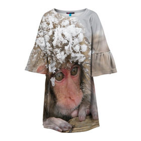 Детское платье 3D с принтом Обезьянка и зима в Новосибирске, 100% полиэстер | прямой силуэт, чуть расширенный к низу. Круглая горловина, на рукавах — воланы | Тематика изображения на принте: бабуин | гамадрил | гиббон | горилла | гуманоид | дарвин | животное | зоопарк | кинг конг | мартышка | маугли | обезьяна | орангутанг | предок | примат | рожа | хомо сапиенс | шимпанзе