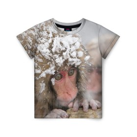 Детская футболка 3D с принтом Обезьянка и зима в Новосибирске, 100% гипоаллергенный полиэфир | прямой крой, круглый вырез горловины, длина до линии бедер, чуть спущенное плечо, ткань немного тянется | бабуин | гамадрил | гиббон | горилла | гуманоид | дарвин | животное | зоопарк | кинг конг | мартышка | маугли | обезьяна | орангутанг | предок | примат | рожа | хомо сапиенс | шимпанзе