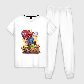 Женская пижама хлопок с принтом Марио в Новосибирске, 100% хлопок | брюки и футболка прямого кроя, без карманов, на брюках мягкая резинка на поясе и по низу штанин | игра | марио | нинтендо | сантехник | супер