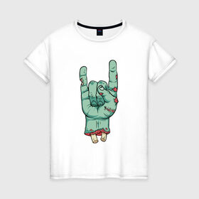 Женская футболка хлопок с принтом Зомби рок в Новосибирске, 100% хлопок | прямой крой, круглый вырез горловины, длина до линии бедер, слегка спущенное плечо | Тематика изображения на принте: зомби | кисть | кости | рок | рука