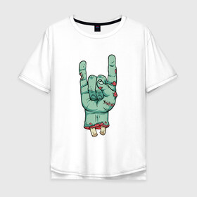 Мужская футболка хлопок Oversize с принтом Зомби рок в Новосибирске, 100% хлопок | свободный крой, круглый ворот, “спинка” длиннее передней части | Тематика изображения на принте: зомби | кисть | кости | рок | рука