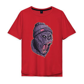 Мужская футболка хлопок Oversize с принтом Злая горилла в Новосибирске, 100% хлопок | свободный крой, круглый ворот, “спинка” длиннее передней части | арт | взгляд | гипноз | гнев | горилла | животные | зубы | кинг конг | клыки | обезьяна | пасть | шапка