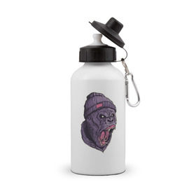 Бутылка спортивная с принтом Злая горилла в Новосибирске, металл | емкость — 500 мл, в комплекте две пластиковые крышки и карабин для крепления | Тематика изображения на принте: арт | взгляд | гипноз | гнев | горилла | животные | зубы | кинг конг | клыки | обезьяна | пасть | шапка
