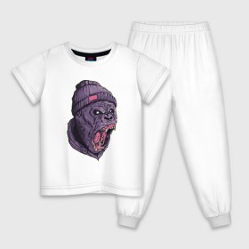 Детская пижама хлопок с принтом Злая горилла в Новосибирске, 100% хлопок |  брюки и футболка прямого кроя, без карманов, на брюках мягкая резинка на поясе и по низу штанин
 | арт | взгляд | гипноз | гнев | горилла | животные | зубы | кинг конг | клыки | обезьяна | пасть | шапка