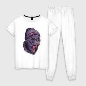 Женская пижама хлопок с принтом Злая горилла в Новосибирске, 100% хлопок | брюки и футболка прямого кроя, без карманов, на брюках мягкая резинка на поясе и по низу штанин | арт | взгляд | гипноз | гнев | горилла | животные | зубы | кинг конг | клыки | обезьяна | пасть | шапка