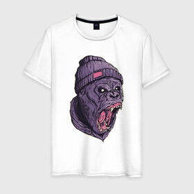 Мужская футболка хлопок с принтом Злая горилла в Новосибирске, 100% хлопок | прямой крой, круглый вырез горловины, длина до линии бедер, слегка спущенное плечо. | арт | взгляд | гипноз | гнев | горилла | животные | зубы | кинг конг | клыки | обезьяна | пасть | шапка