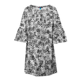 Детское платье 3D с принтом Японские иероглифы в Новосибирске, 100% полиэстер | прямой силуэт, чуть расширенный к низу. Круглая горловина, на рукавах — воланы | Тематика изображения на принте: буквы | паттерн | символ | текст | текстура | черно белый | янония