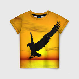 Детская футболка 3D с принтом Орел на закате в Новосибирске, 100% гипоаллергенный полиэфир | прямой крой, круглый вырез горловины, длина до линии бедер, чуть спущенное плечо, ткань немного тянется | беркут | большой | горный | грифон | клюв | коготь | кондор | коршун | крылья | огромный | орел | орлан | перья | полет | птица | размах крыла | сокол | степной | хищник | ястреб