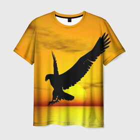 Мужская футболка 3D с принтом Орел на закате в Новосибирске, 100% полиэфир | прямой крой, круглый вырез горловины, длина до линии бедер | беркут | большой | горный | грифон | клюв | коготь | кондор | коршун | крылья | огромный | орел | орлан | перья | полет | птица | размах крыла | сокол | степной | хищник | ястреб