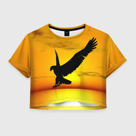 Женская футболка 3D укороченная с принтом Орел на закате в Новосибирске, 100% полиэстер | круглая горловина, длина футболки до линии талии, рукава с отворотами | беркут | большой | горный | грифон | клюв | коготь | кондор | коршун | крылья | огромный | орел | орлан | перья | полет | птица | размах крыла | сокол | степной | хищник | ястреб