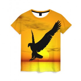 Женская футболка 3D с принтом Орел на закате в Новосибирске, 100% полиэфир ( синтетическое хлопкоподобное полотно) | прямой крой, круглый вырез горловины, длина до линии бедер | беркут | большой | горный | грифон | клюв | коготь | кондор | коршун | крылья | огромный | орел | орлан | перья | полет | птица | размах крыла | сокол | степной | хищник | ястреб