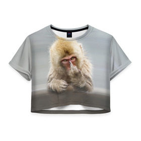 Женская футболка 3D укороченная с принтом Японская макака в Новосибирске, 100% полиэстер | круглая горловина, длина футболки до линии талии, рукава с отворотами | макак | мартышка | обезьяна | палец | япония