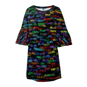 Детское платье 3D с принтом Японские ругательства в Новосибирске, 100% полиэстер | прямой силуэт, чуть расширенный к низу. Круглая горловина, на рукавах — воланы | Тематика изображения на принте: иероглифы | мат | паттерн | слова | текст | япония